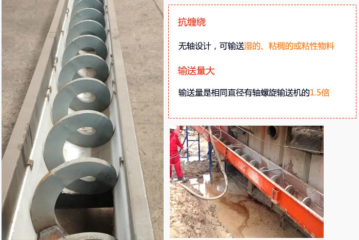 WLS無軸螺旋輸送機(jī)輸送量大是相同直徑有軸螺旋輸送機(jī)的1.5倍，抗纏繞性好，無軸設(shè)計(jì)，可輸送濕的、粘稠的或粘性物料。
